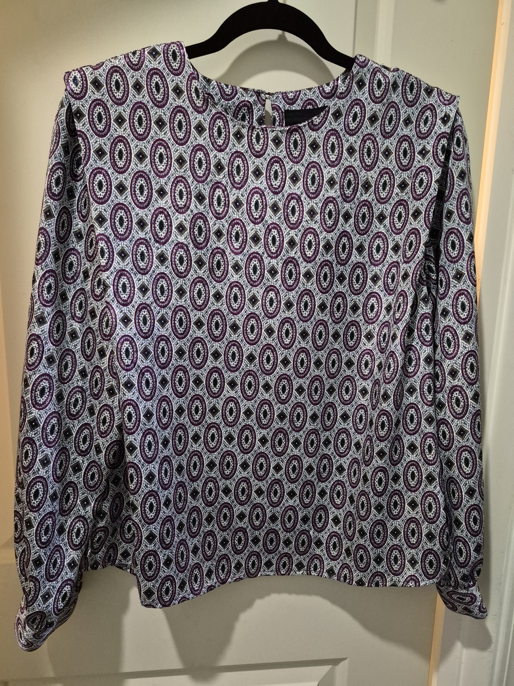 Notations Purple and White Geometric Long-Sleeve Blouse